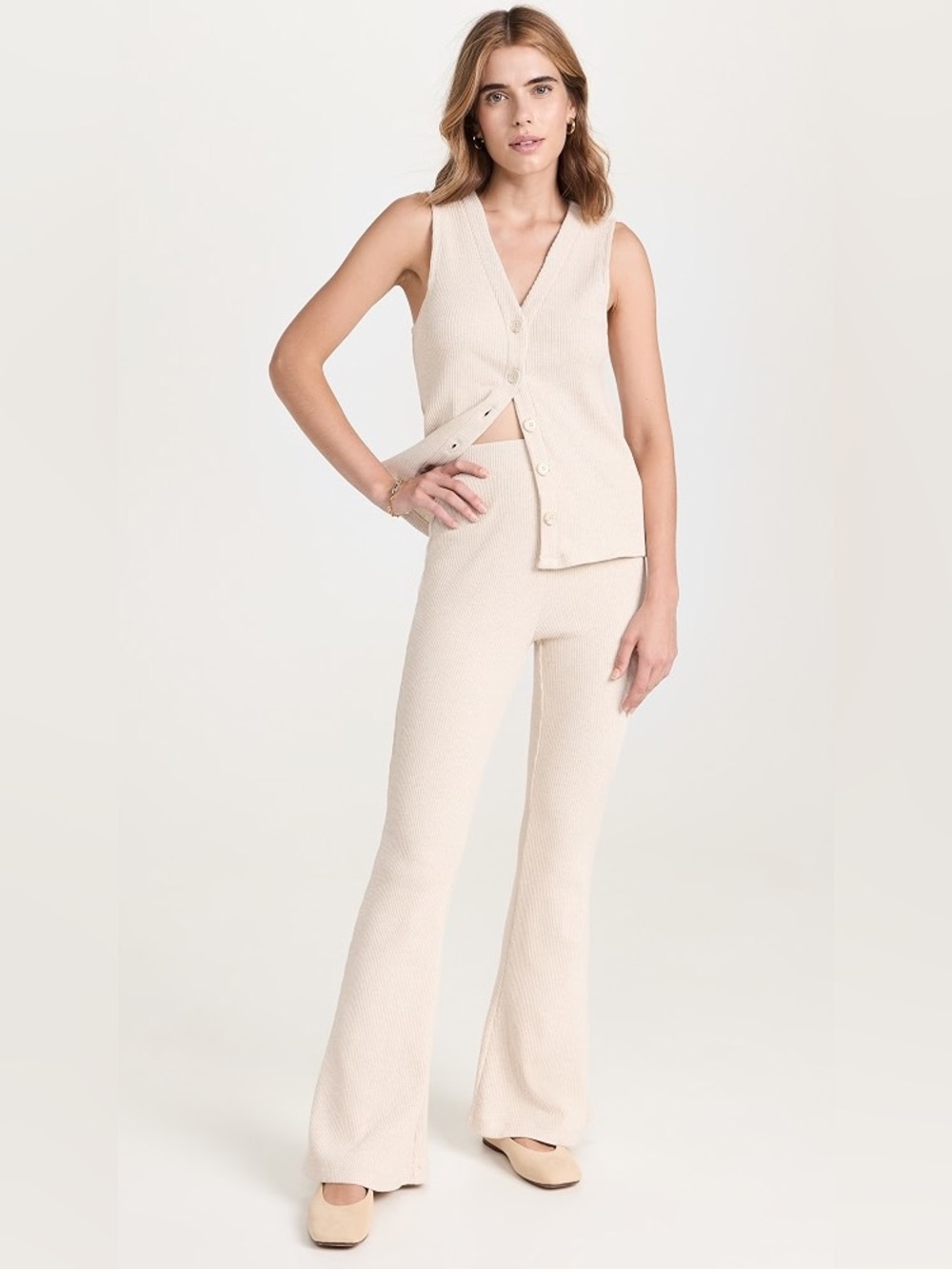 Madewell MWL Ribbed Pull-On Flare Pants Cream Summer Dune Heather Size Small